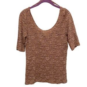 PURE GOOD Taupish Tan Stretch Lace Top Size Large 3/4 Sleeves Scoop Necklines